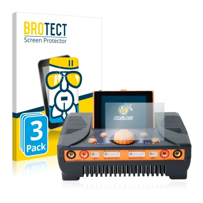 Front side of a product packaging with the brand logo BROTECT. Next to it is the device Junsi iCharger 406 Duo shown with the 