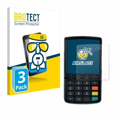 Front side of a product packaging with the brand logo BROTECT. Next to it is the device ingenico Link/2500 shown with the corr