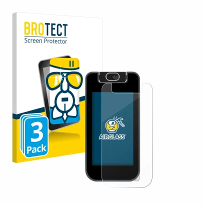 Front side of a product packaging with the brand logo BROTECT. Next to it is the device Vtech KidiBuzz 3 shown with the corres