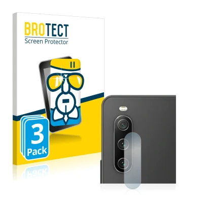 Front side of a product packaging with the brand logo BROTECT. Next to it is the device Sony Xperia 10 IV (ONLY Camera Lens) s