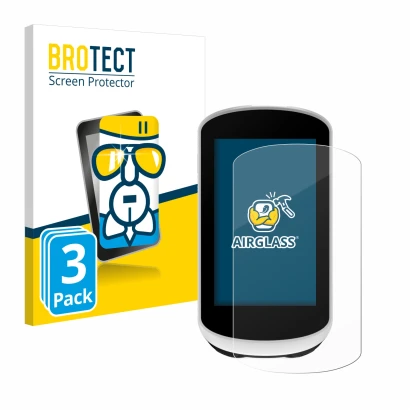 Front side of a product packaging with the brand logo BROTECT. Next to it is the device Garmin Edge Explore 2 shown with the c