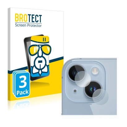 Front side of a product packaging with the brand logo BROTECT. Next to it is the device Apple iPhone 14 (ONLY Camera Lens) sho