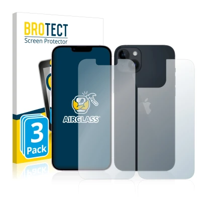 Front side of a product packaging with the brand logo BROTECT. Next to it is the device Apple iPhone 14 (Front+Back) shown wit