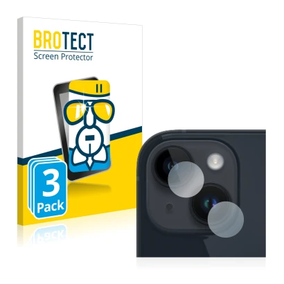 Front side of a product packaging with the brand logo BROTECT. Next to it is the device Apple iPhone 14 Plus (ONLY Camera Lens