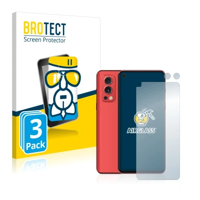 Front side of a product packaging with the brand logo BROTECT. Next to it is the device OnePlus Nord 2 5G (Front+Camera) shown
