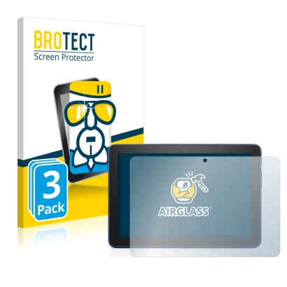 Front side of a product packaging with the brand logo BROTECT. Next to it is the device Amazon Fire HD 8 Plus 2022 shown with