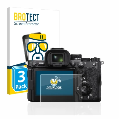 Front side of a product packaging with the brand logo BROTECT. Next to it is the device Sony Alpha 7R V / a7R V shown with the