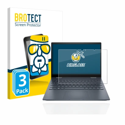 Front side of a product packaging with the brand logo BROTECT. Next to it is the device HP Envy x360 13-bfxxx shown with the c