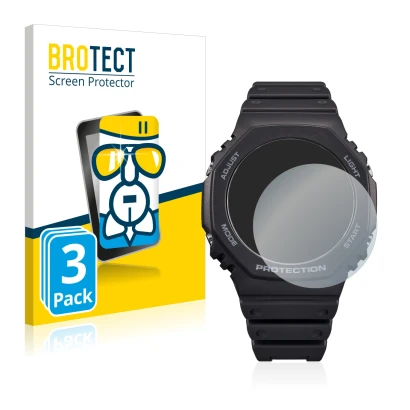 Front side of a product packaging with the brand logo BROTECT. Next to it is the device Casio G-Shock GA-B2100 shown with the 