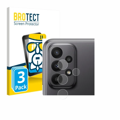 Front side of a product packaging with the brand logo BROTECT. Next to it is the device Samsung Galaxy A23 5G (ONLY Camera Len