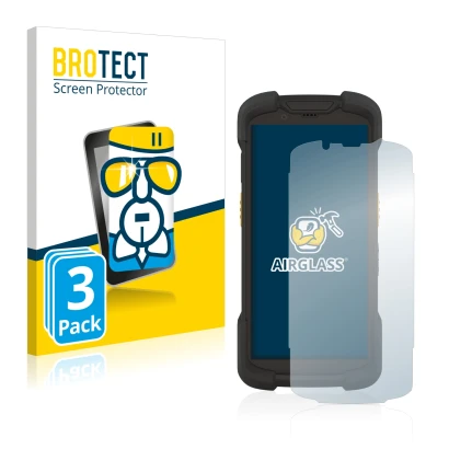Front side of a product packaging with the brand logo BROTECT. Next to it is the device Zebra TC73 shown with the correspondin
