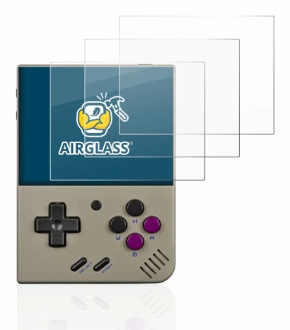 Image of the device Miyoo Mini Plus with a wide variety of screen protectors.