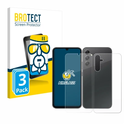 Front side of a product packaging with the brand logo BROTECT. Next to it is the device Samsung Galaxy A34 5G (Front+Back) sho