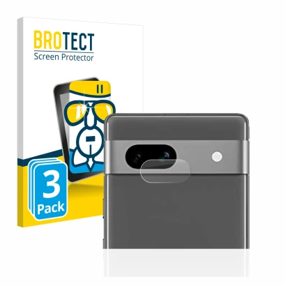 Front side of a product packaging with the brand logo BROTECT. Next to it is the device Google Pixel 7a (ONLY Camera Lens) sho