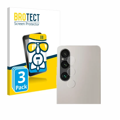 Front side of a product packaging with the brand logo BROTECT. Next to it is the device Sony Xperia 1 V (ONLY Camera Lens) sho