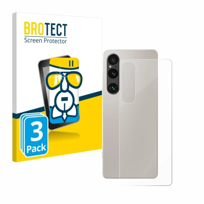 Front side of a product packaging with the brand logo BROTECT. Next to it is the device Sony Xperia 1 V (Back) shown with the 