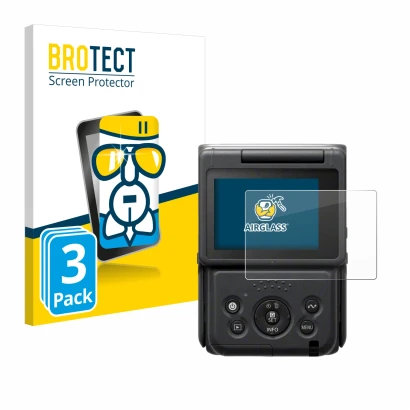 Front side of a product packaging with the brand logo BROTECT. Next to it is the device Canon PowerShot V10 Vlog Camera shown 