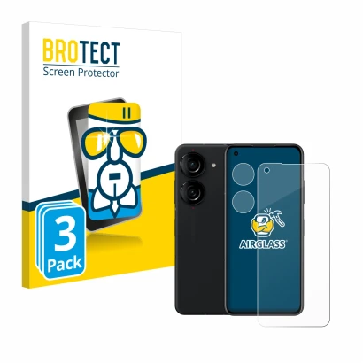 Front side of a product packaging with the brand logo BROTECT. Next to it is the device ASUS ZenFone 10 (Front+Camera) shown w
