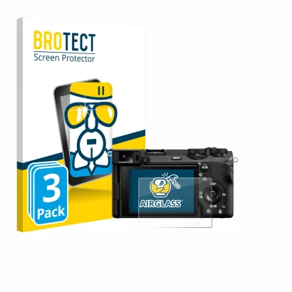 Front side of a product packaging with the brand logo BROTECT. Next to it is the device Sony Alpha 6700 shown with the corresp