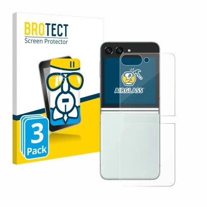 Front side of a product packaging with the brand logo BROTECT. Next to it is the device Samsung Galaxy Z Flip 5 (Back) shown w