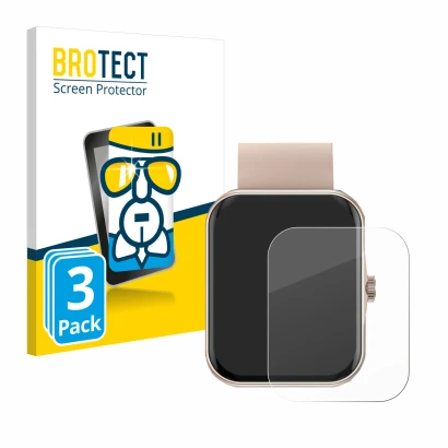 Front side of a product packaging with the brand logo BROTECT. Next to it is the device Mutoy Smartwatch 1.83" shown with the