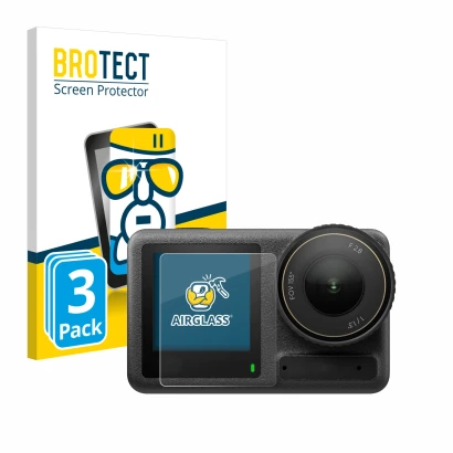 Front side of a product packaging with the brand logo BROTECT. Next to it is the device DJI Osmo Action 4 (Front display) show