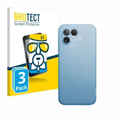 Front side of a product packaging with the brand logo BROTECT. Next to it is the device Fairphone 5 (ONLY Camera Lens) shown w
