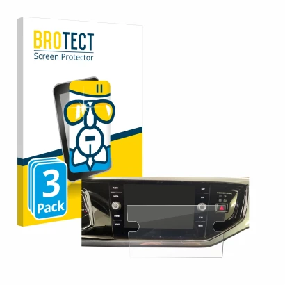 Front side of a product packaging with the brand logo BROTECT. Next to it is the device Volkswagen Polo VI Ready 2 Discover 8"