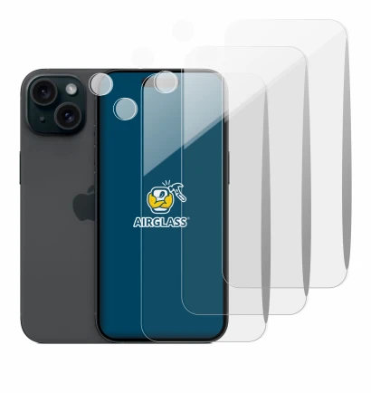 Image of the device Apple iPhone 15 (Front+Camera) with a wide variety of screen protectors.
