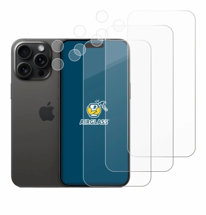 Image of the device Apple iPhone 15 Pro Max (Front+Camera) with a wide variety of screen protectors.