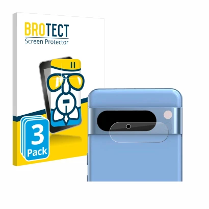 Front side of a product packaging with the brand logo BROTECT. Next to it is the device Google Pixel 8 Pro (ONLY Camera Lens) 