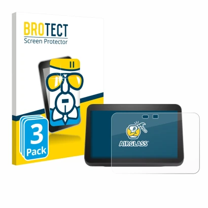 Front side of a product packaging with the brand logo BROTECT. Next to it is the device Amazon Echo Show 8 2023 (3th Gen.) sho