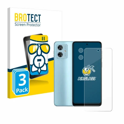 Front side of a product packaging with the brand logo BROTECT. Next to it is the device Motorola Moto G54 (Front+Camera) shown