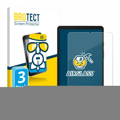 Front side of a product packaging with the brand logo BROTECT. Next to it is the device Samsung Galaxy Tab A9 LTE shown with t