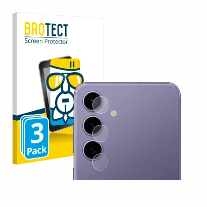 Front side of a product packaging with the brand logo BROTECT. Next to it is the device Samsung Galaxy S24 (ONLY Camera Lens) 