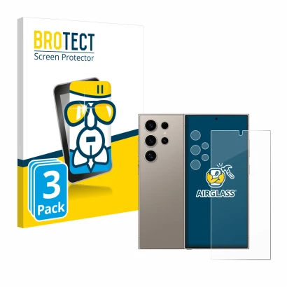 Front side of a product packaging with the brand logo BROTECT. Next to it is the device Samsung Galaxy S24 Ultra (case-friendl