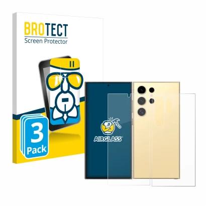Front side of a product packaging with the brand logo BROTECT. Next to it is the device Samsung Galaxy S24 Ultra (case-friendl