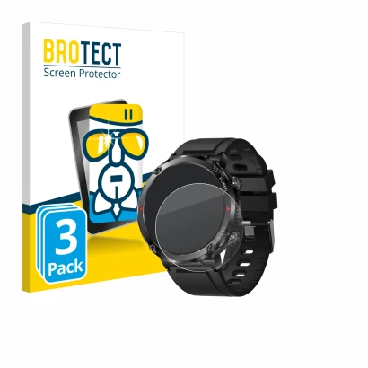 Front side of a product packaging with the brand logo BROTECT. Next to it is the device LIGE Smartwatch 1.6" shown with the co
