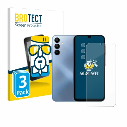 Front side of a product packaging with the brand logo BROTECT. Next to it is the device Samsung Galaxy A15 (Front+Camera) show