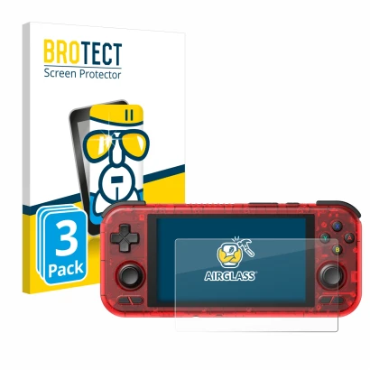 Front side of a product packaging with the brand logo BROTECT. Next to it is the device Retroid Pocket 4 Pro shown with the co
