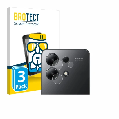 Front side of a product packaging with the brand logo BROTECT. Next to it is the device Xiaomi Redmi Note 13 (ONLY Camera Lens