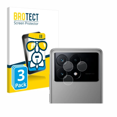 Front side of a product packaging with the brand logo BROTECT. Next to it is the device Xiaomi Poco X6 Pro (ONLY Camera Lens)