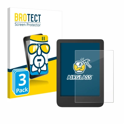 Front side of a product packaging with the brand logo BROTECT. Next to it is the device Tolino Shine 5 Color 2024 shown with t