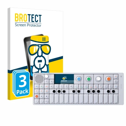 Front side of a product packaging with the brand logo BROTECT. Next to it is the device Teenage Engineering OP-1 Sampler & Con