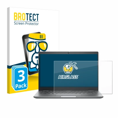 Front side of a product packaging with the brand logo BROTECT. Next to it is the device Dell Latitude 5350 Laptop shown with t