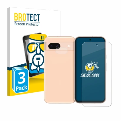 Front side of a product packaging with the brand logo BROTECT. Next to it is the device Google Pixel 8a (Front+Camera) shown w