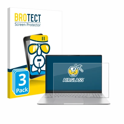 Front side of a product packaging with the brand logo BROTECT. Next to it is the device ASUS Vivobook S16 OLED M5606 shown wit