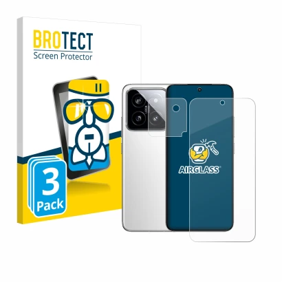 Front side of a product packaging with the brand logo BROTECT. Next to it is the device Xiaomi 14 (Front+Camera) shown with th