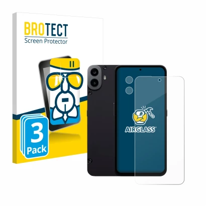 Front side of a product packaging with the brand logo BROTECT. Next to it is the device Nothing CMF Phone 1 (Front+Camera) sho