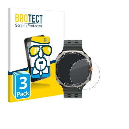 Front side of a product packaging with the brand logo BROTECT. Next to it is the device Samsung Galaxy Watch Ultra (47 mm) sho